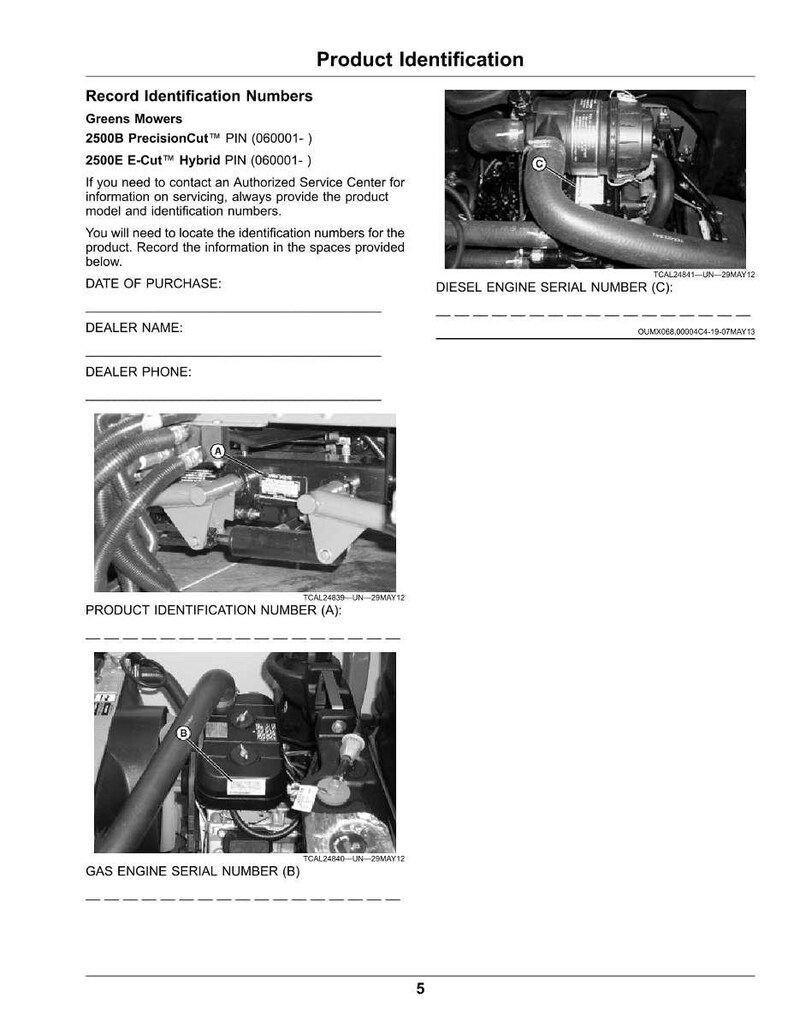 May include: Product identification document for Greens Mowers, with model numbers and spaces to record purchase details. Features images of engine components and serial number locations. Includes text: Diesel Engine Serial Number (C).