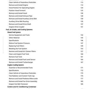 Pu&ograve; includere: Una pagina di manuale con un sommario per la riparazione del motore, carburante, aspirazione dell'aria, sistemi di raffreddamento e aria condizionata. Il testo include titoli e numeri di pagina.
