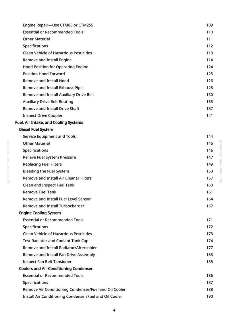 Pu&ograve; includere: Una pagina di manuale con un sommario per la riparazione del motore, carburante, aspirazione dell'aria, sistemi di raffreddamento e aria condizionata. Il testo include titoli e numeri di pagina.