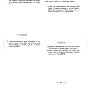 K&ouml;nnte beinhalten: Ein wei&szlig;es Dokument mit schwarzem Text, das die Einstellungen des Kameramonitors detailliert. Das Dokument enth&auml;lt nummerierte Schritte, Abbildungsverweise und Anweisungen zur Navigation in Men&uuml;s. Der Text beschreibt Systemeinstellungen und Servicemodus-Verfahren.