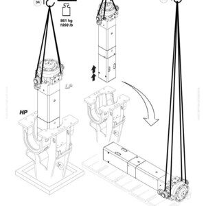 Może przedstawiać: Schemat techniczny element&oacute;w maszyn ciężkich, w tym cylindrycznej konstrukcji zawieszonej na linach. Schemat zawiera specyfikacje wagi 861 kg oraz teksty "HP" i "LP". Widoczne jest r&oacute;wnież logo Komatsu i numer modelu.