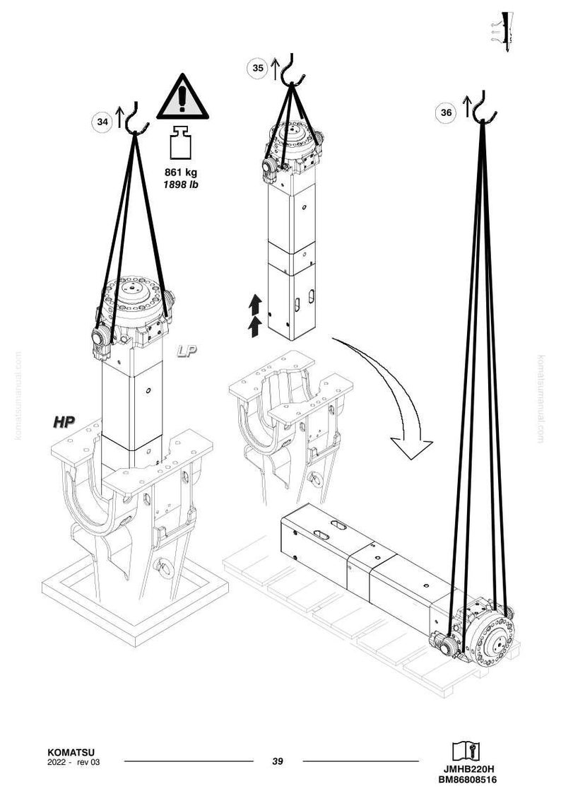 Może przedstawiać: Schemat techniczny element&oacute;w maszyn ciężkich, w tym cylindrycznej konstrukcji zawieszonej na linach. Schemat zawiera specyfikacje wagi 861 kg oraz teksty "HP" i "LP". Widoczne jest r&oacute;wnież logo Komatsu i numer modelu.