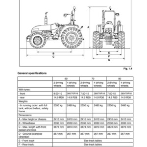 May include: Diagram of a tractor with dimensions and specifications. The image includes side and front views, with measurements in millimeters and tire sizes. The table provides data for different wheel configurations.