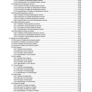 May include: A detailed technical document with a table of contents, listing various engine components and their specifications. The document includes sections on sensors, temperature, pressure, and air systems. The document is labeled V3800-TIES, V3800-TIESH, KISC issued 01, 2020 A.