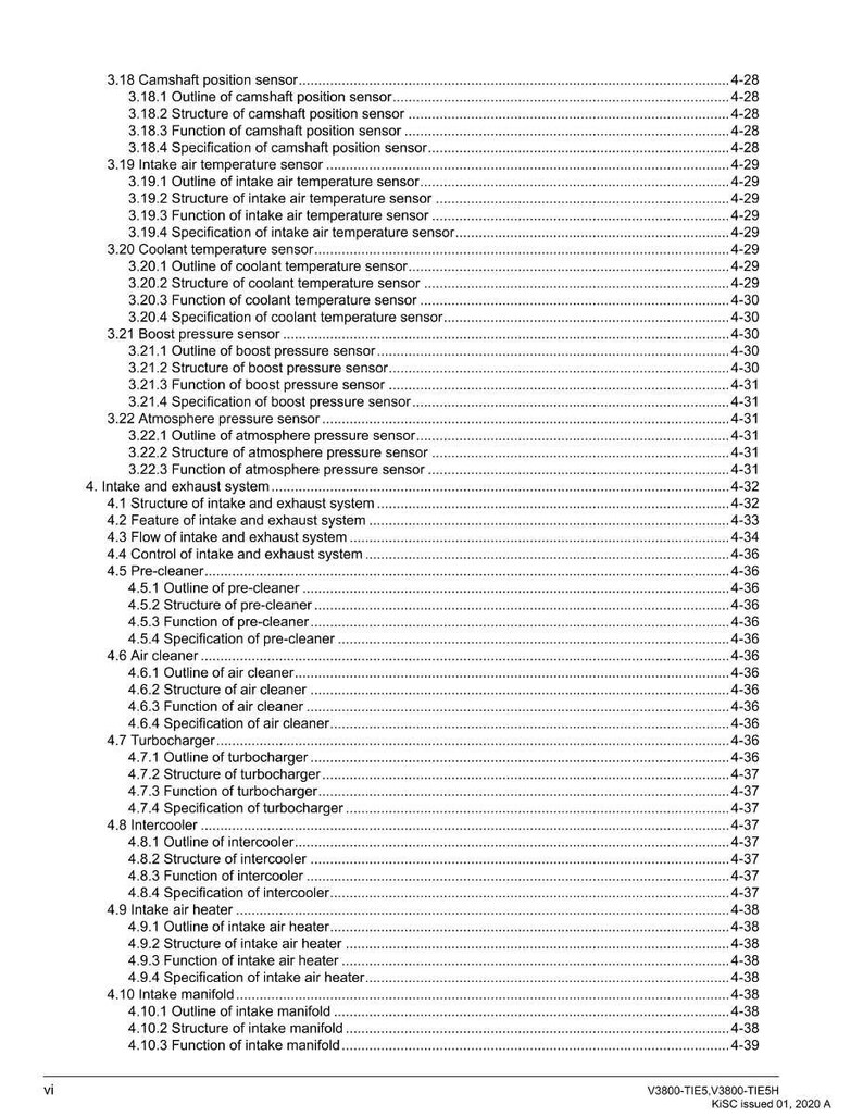 May include: A detailed technical document with a table of contents, listing various engine components and their specifications. The document includes sections on sensors, temperature, pressure, and air systems. The document is labeled V3800-TIES, V3800-TIESH, KISC issued 01, 2020 A.