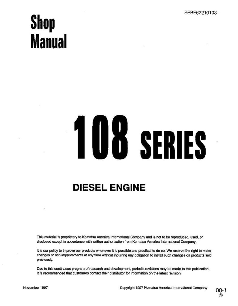 May include: A white shop manual with the text "Shop Manual" at the top. The manual's title is "108 SERIES DIESEL ENGINE" in large, bold, black font. The document includes copyright information and a publication date of November 1997.