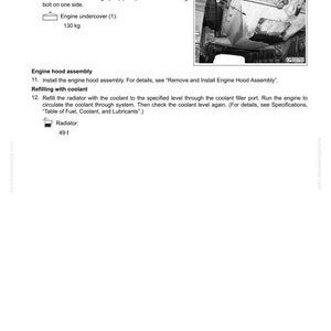 May include: A page from a manual detailing engine assembly and radiator installation. Includes diagrams and text instructions for engine undercover, engine hood assembly, and coolant refilling. The engine undercover weighs 130 kg.