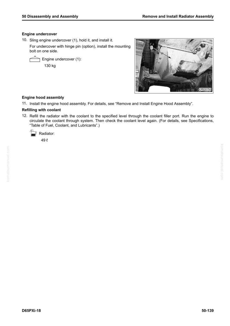 May include: A page from a manual detailing engine assembly and radiator installation. Includes diagrams and text instructions for engine undercover, engine hood assembly, and coolant refilling. The engine undercover weighs 130 kg.