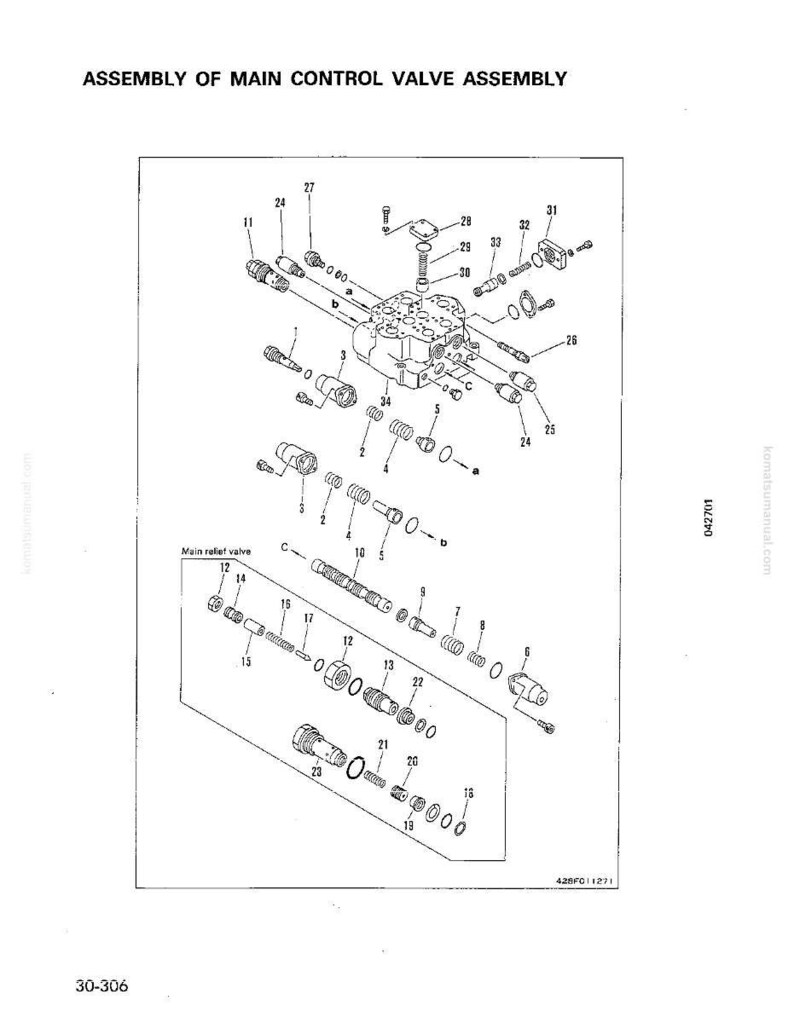 May include: An exploded diagram of a main control valve assembly, with various components labeled. The diagram includes parts like valves, springs, and connectors, all in a technical illustration style. The text "ASSEMBLY OF MAIN CONTROL VALVE ASSEMBLY" is at the top.