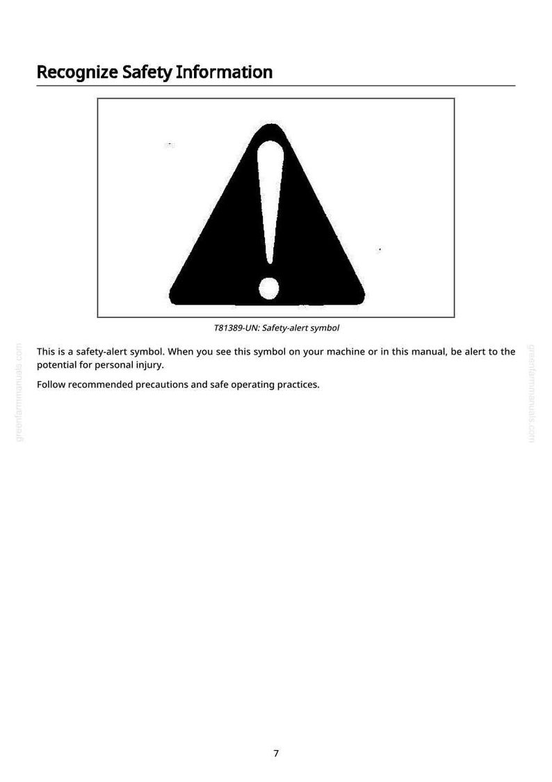 May include: A black and white safety alert symbol, a triangle with an exclamation point inside. The text "Recognize Safety Information" is above the symbol. Below the symbol is the text "T81389-UN: Safety-alert symbol."