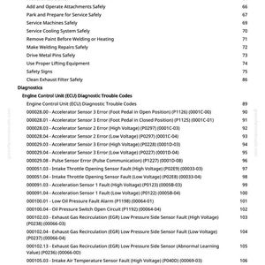 Pu&ograve; includere: Una pagina di manuale con informazioni sulla sicurezza e sulla diagnostica. Il testo include argomenti come "Operare il braccio con cura" e "Codici di guasto diagnostici dell'unit&agrave; di controllo motore (ECU)", insieme alle descrizioni dei guasti.