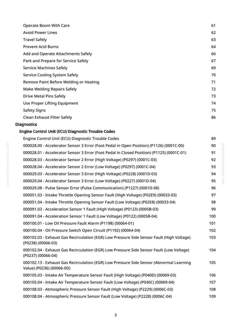 Pu&ograve; includere: Una pagina di manuale con informazioni sulla sicurezza e sulla diagnostica. Il testo include argomenti come "Operare il braccio con cura" e "Codici di guasto diagnostici dell'unit&agrave; di controllo motore (ECU)", insieme alle descrizioni dei guasti.
