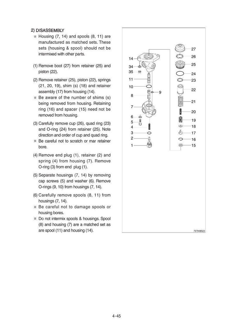 May include: Diagram of disassembled mechanical components with labels and numbers. Includes housings, spools, retainers, springs, and O-rings. Text instructions detail the disassembly process.