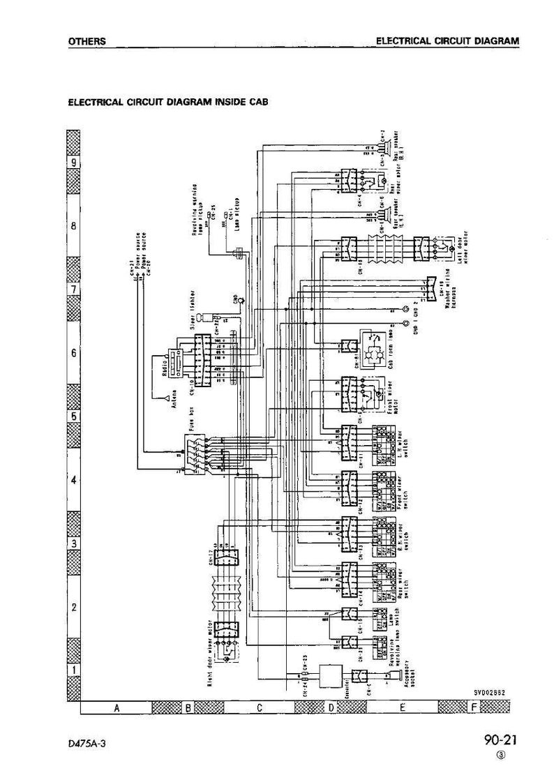 K&ouml;nnte beinhalten: Elektrischer Schaltplan im Inneren der Kabine, mit Beschriftungen und Linien, die verschiedene Komponenten verbinden. Das Diagramm enth&auml;lt Text wie "Radio", "Antena" und "Lamp Fictor". Das Diagramm ist mit "D475A-3" und "90-21" gekennzeichnet.