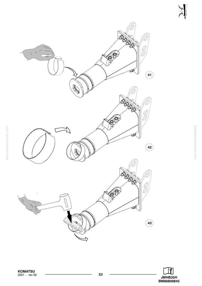 May include: Technical diagram showing the assembly of a mechanical component. The image depicts a step-by-step process with a hammer, a ring, and a cylindrical part. The diagram is labeled with numbers and includes the Komatsu logo and part numbers.