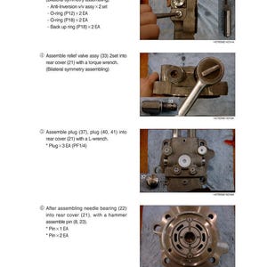 May include: Images detailing the assembly of mechanical components. The steps include installing plugs, O-rings, and valves into a rear cover. Tools like wrenches and pins are used in the process. The images show close-ups of the assembly.