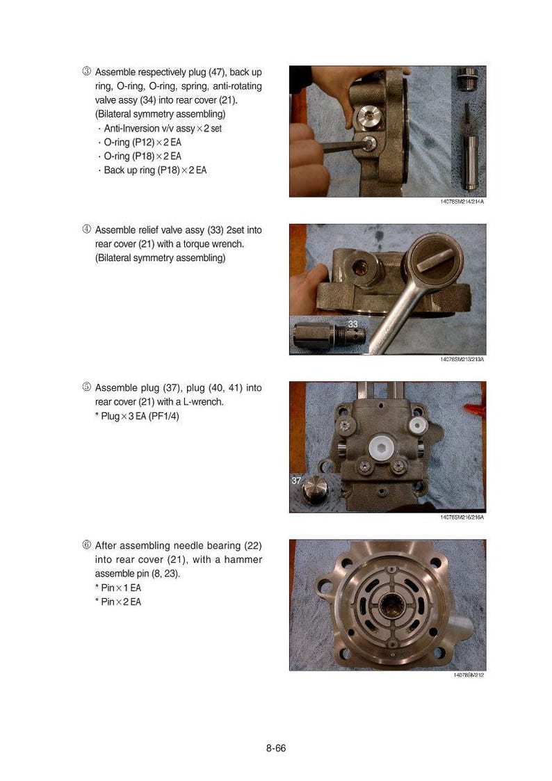May include: Images detailing the assembly of mechanical components. The steps include installing plugs, O-rings, and valves into a rear cover. Tools like wrenches and pins are used in the process. The images show close-ups of the assembly.