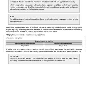 May include: A page from a manual titled "Using Graphite Powder." It provides instructions on using graphite powder for seed treatment, including quantities per seed box, with and without insecticide. The text also includes important notes and benefits.