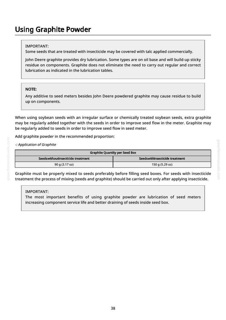 May include: A page from a manual titled "Using Graphite Powder." It provides instructions on using graphite powder for seed treatment, including quantities per seed box, with and without insecticide. The text also includes important notes and benefits.
