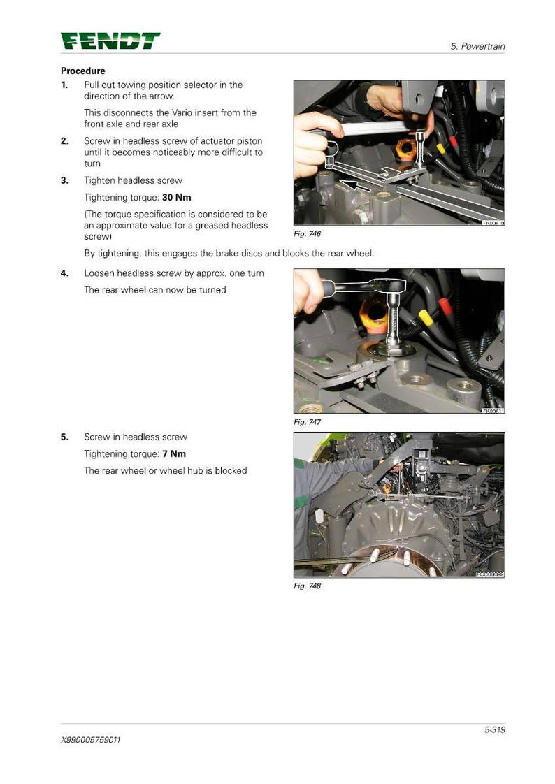 May include: A Fendt manual page with powertrain procedures. Text details screw tightening and loosening instructions, with torque values in Nm. Images illustrate the use of tools on machinery components.