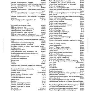 K&ouml;nnte beinhalten: Eine Seite aus einem Handbuch mit einem Index und Fehlerbehebungsanleitungen. Der Index listet Themen wie Motorprobleme, &Ouml;ldruck und Systemdiagramme auf. Die Seite stammt aus einem Komatsu-Handbuch.