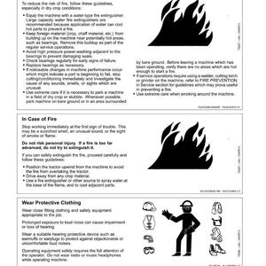 May include: A safety manual page with fire prevention and safety guidelines. Includes illustrations of flames, a person in protective gear, and safety equipment like a hard hat and ear protection.