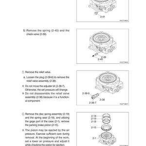 May include: Diagram of mechanical components with labels and part numbers. Includes illustrations of a check valve, spring, relief valve, disc spring assembly, and parking brake piston. Text instructions accompany each step.