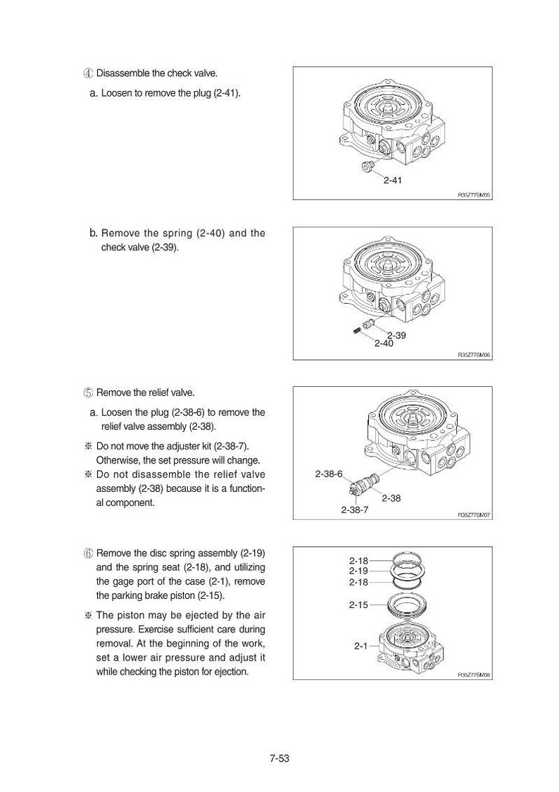 May include: Diagram of mechanical components with labels and part numbers. Includes illustrations of a check valve, spring, relief valve, disc spring assembly, and parking brake piston. Text instructions accompany each step.