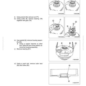 May include: Diagram of a TORQFLOW transmission assembly with detailed instructions for disassembly and assembly. Includes illustrations of removing lock plates, nuts, bearings, and other components. Text includes part numbers and tool references.