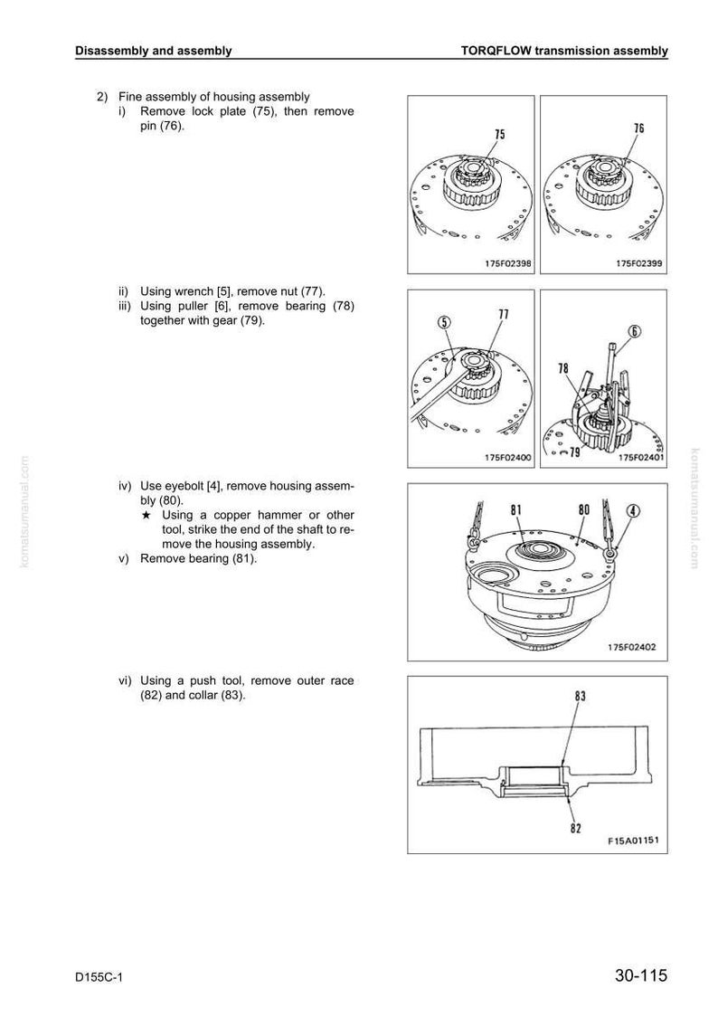 May include: Diagram of a TORQFLOW transmission assembly with detailed instructions for disassembly and assembly. Includes illustrations of removing lock plates, nuts, bearings, and other components. Text includes part numbers and tool references.