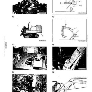 May include: Technical diagrams of heavy machinery components, including hydraulic cylinders, excavator arms, and engine parts. The illustrations are labeled with numbers and codes, providing detailed views of the equipment.