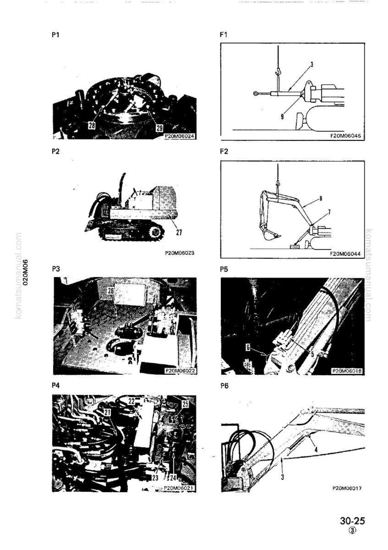 May include: Technical diagrams of heavy machinery components, including hydraulic cylinders, excavator arms, and engine parts. The illustrations are labeled with numbers and codes, providing detailed views of the equipment.
