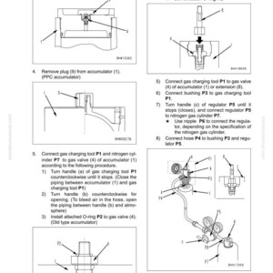 May include: Diagram illustrating the procedure for testing accumulator nitrogen gas pressure and charging with nitrogen gas. Includes detailed illustrations of tools, valves, and connections, with labels and instructions for each step. The image is a technical manual page.