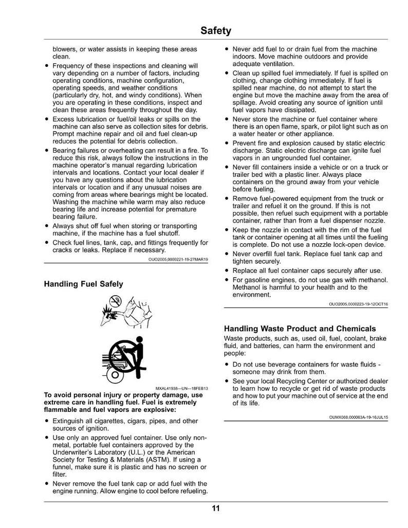 Puede incluir: P&aacute;gina de un manual de seguridad con el t&iacute;tulo "Seguridad". Contiene instrucciones de seguridad y advertencias sobre el manejo de combustible y residuos, con ilustraciones y consejos.
