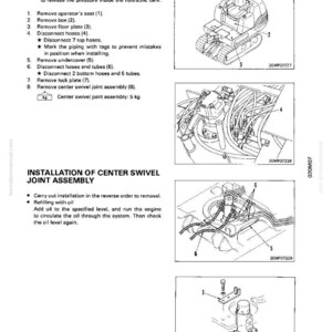 May include: Diagrams and instructions for removing and installing a center swivel joint assembly. The text includes steps for disconnecting hoses and removing parts. The assembly weighs 5 kg.