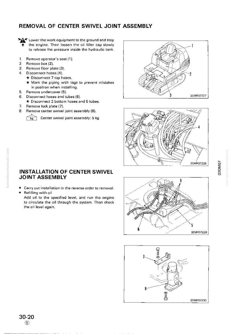 May include: Diagrams and instructions for removing and installing a center swivel joint assembly. The text includes steps for disconnecting hoses and removing parts. The assembly weighs 5 kg.
