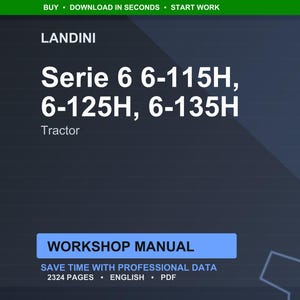 K&ouml;nnte beinhalten: Dunkelblaue Grafik mit dem Landini-Logo und Text f&uuml;r Serie 6 Traktoren: 6-115H, 6-125H und 6-135H. Das Bild enth&auml;lt auch die W&ouml;rter "Traktor" und "Werkstatthandbuch".