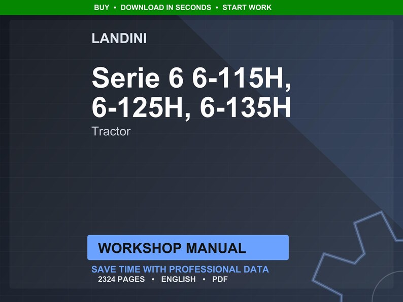 K&ouml;nnte beinhalten: Dunkelblaue Grafik mit dem Landini-Logo und Text f&uuml;r Serie 6 Traktoren: 6-115H, 6-125H und 6-135H. Das Bild enth&auml;lt auch die W&ouml;rter "Traktor" und "Werkstatthandbuch".