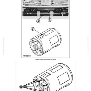 May include: Technical diagram illustrating a general check procedure. The image shows detailed views of mechanical components, labeled with letters and numbers. Text includes "General check" and "KM1000995-UN: General check."