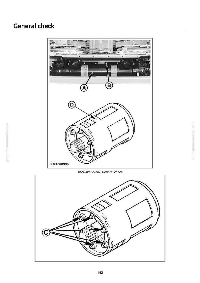 May include: Technical diagram illustrating a general check procedure. The image shows detailed views of mechanical components, labeled with letters and numbers. Text includes "General check" and "KM1000995-UN: General check."