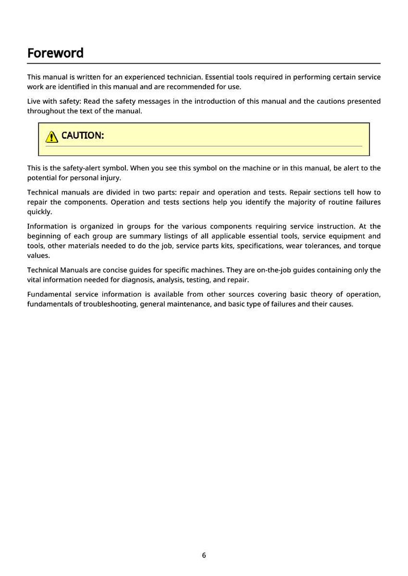 May include: A page from a technical manual with the heading "Foreword." The text includes safety warnings and instructions for experienced technicians. A yellow box with a caution symbol is visible.