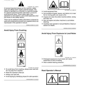 May include: An operator's manual page with safety warnings and labels. The page features diagrams and text advising on how to avoid injury from equipment fires, crushing, and loud noise. Text includes "Avoid Injury From Crushing" and "Read Operator's Manual".
