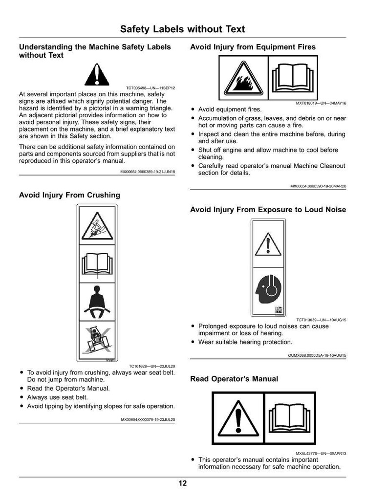 May include: An operator's manual page with safety warnings and labels. The page features diagrams and text advising on how to avoid injury from equipment fires, crushing, and loud noise. Text includes "Avoid Injury From Crushing" and "Read Operator's Manual".