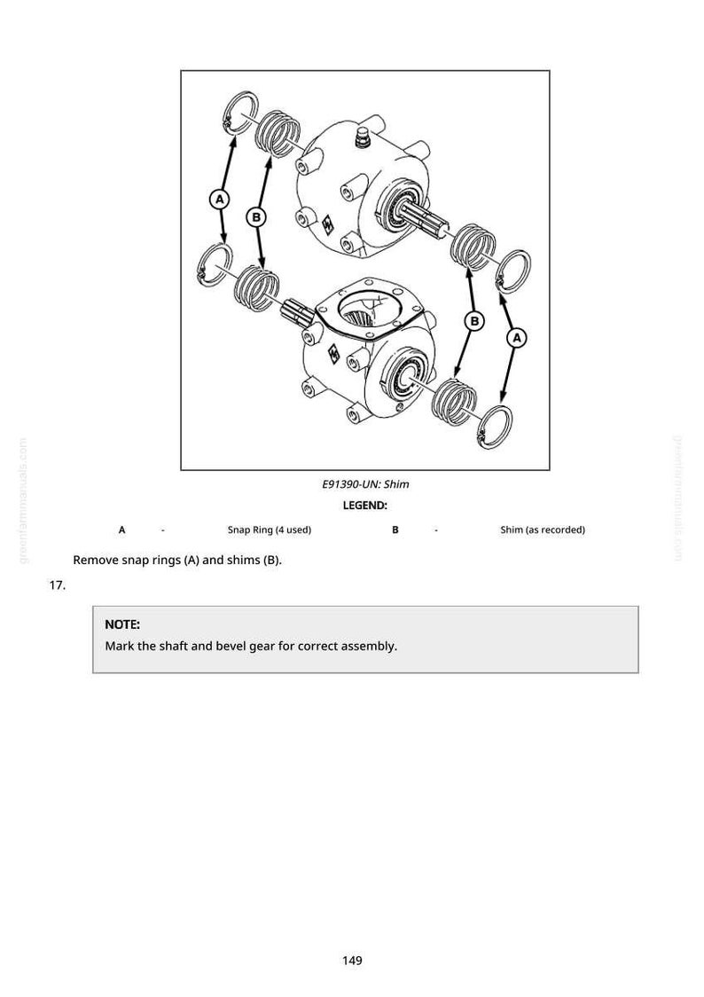 May include: An exploded diagram of a mechanical component, featuring two main housing units with internal parts, snap rings, and shims. The diagram includes labels A and B, and the text "E91390-UN: Shim".