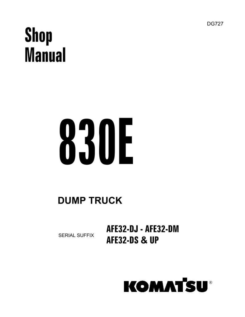 K&ouml;nnte beinhalten: Ein wei&szlig;es Shop-Handbuch-Cover mit dem Text "Shop Manual" oben. Die Nummer "830E" ist prominent dargestellt, darunter "DUMP TRUCK". Das Komatsu-Logo befindet sich unten.