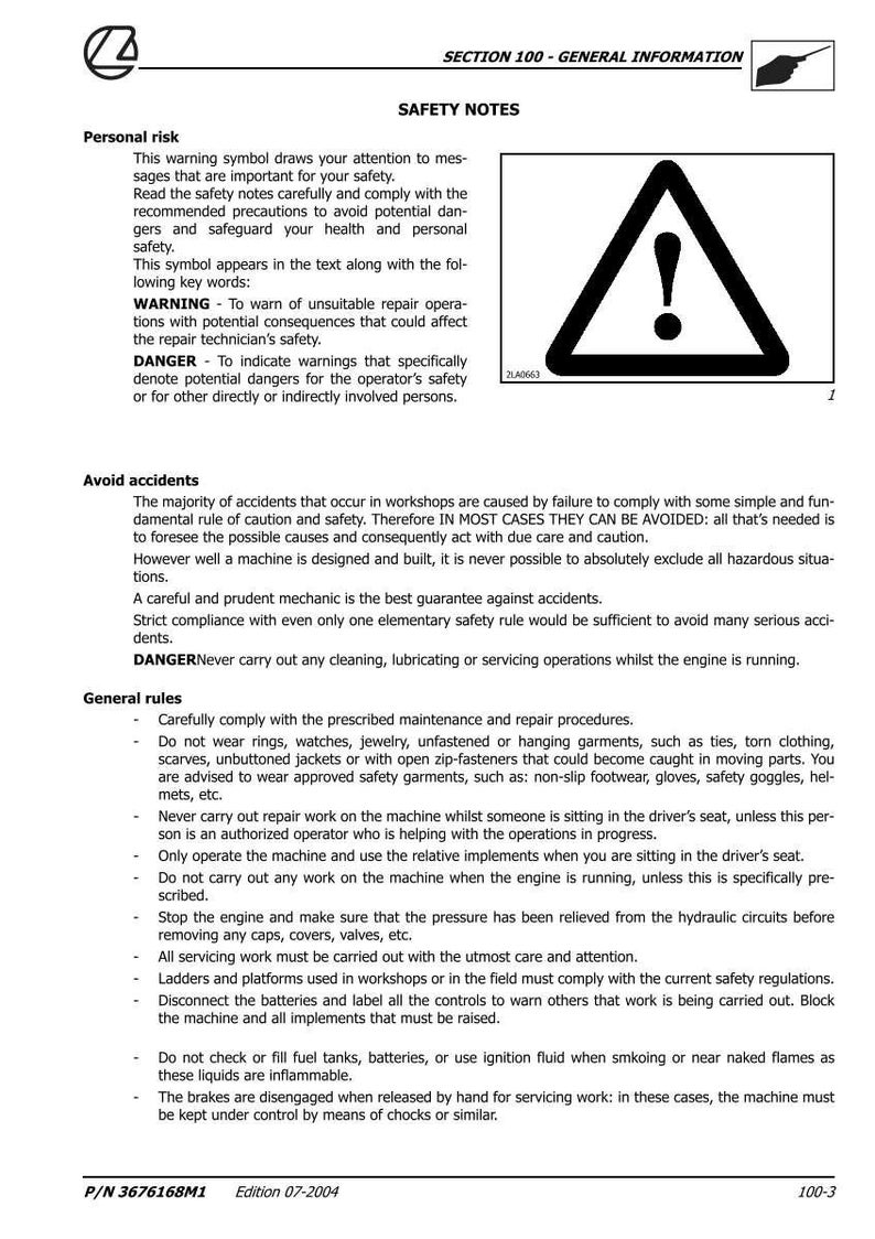 May include: A safety information page with a warning symbol. The page includes safety notes, general rules, and warnings about potential dangers. The warning symbol is a black triangle with an exclamation point.