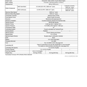 May include: Technical specifications chart for an EA330-E4 engine, detailing model numbers, engine type, bore, stroke, displacement, horsepower, and other mechanical specifications. Includes measurements in inches, pounds, and gallons.