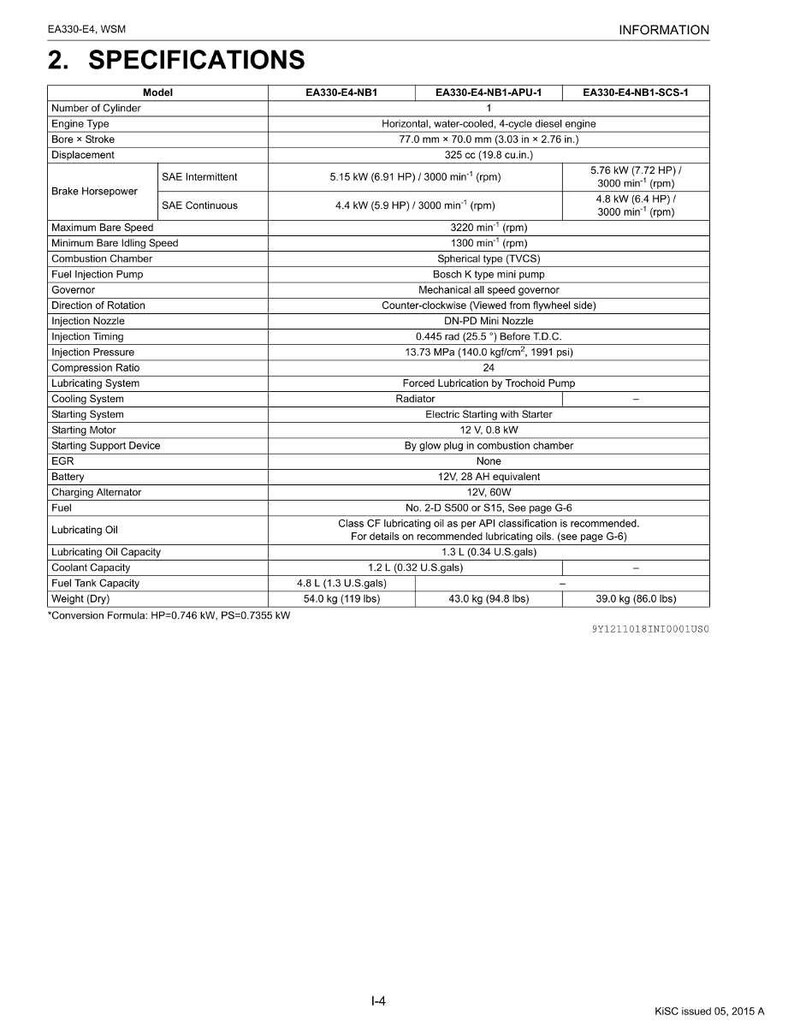 May include: Technical specifications chart for an EA330-E4 engine, detailing model numbers, engine type, bore, stroke, displacement, horsepower, and other mechanical specifications. Includes measurements in inches, pounds, and gallons.