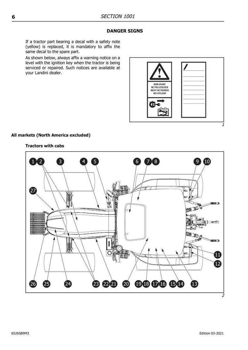 Puede incluir: Diagrama de un tractor con cabina, numerado. La imagen incluye informaci&oacute;n de seguridad y advertencias. El texto incluye "DANGER SIGNS" y "Tractors with cabs."
