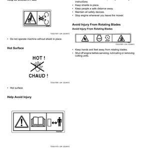 May include: A page of safety labels with warning symbols and instructions. The labels include warnings about shields, rotating blades, and hot surfaces. The text includes "Keep All Shields In Place" and "Help Avoid Injury."